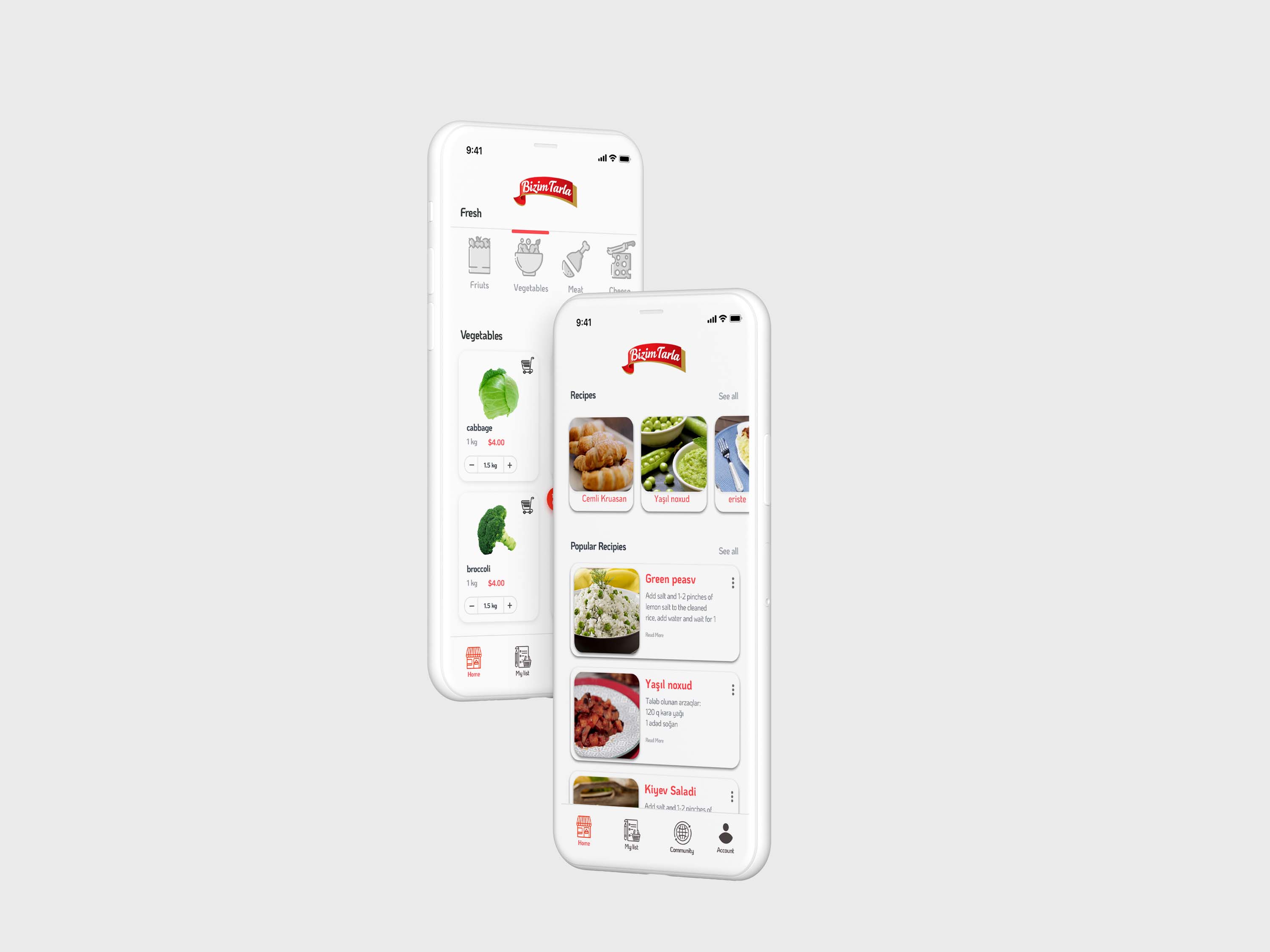Bizim Tarla — Cart, product listing and recipes screens