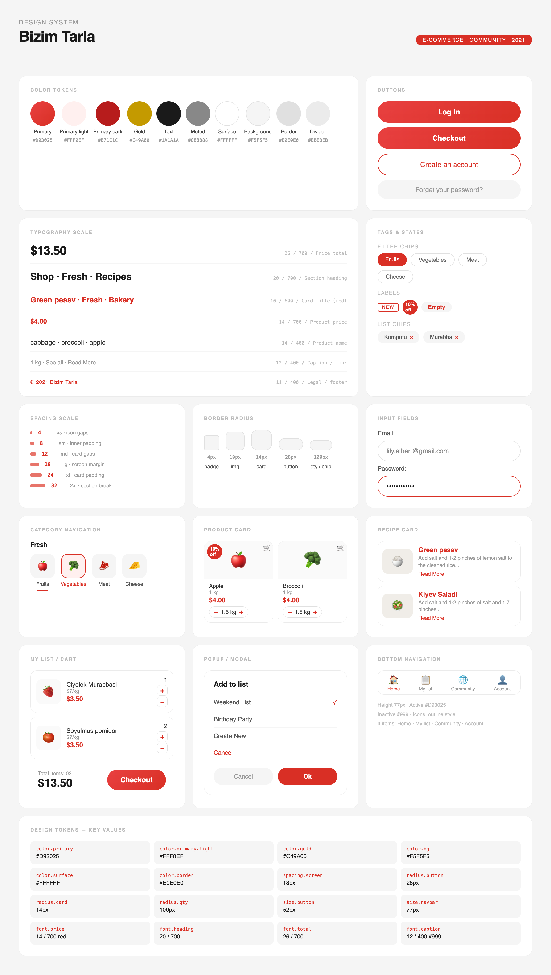 Bizim Tarla — Design system overview · components, states, responsive variants